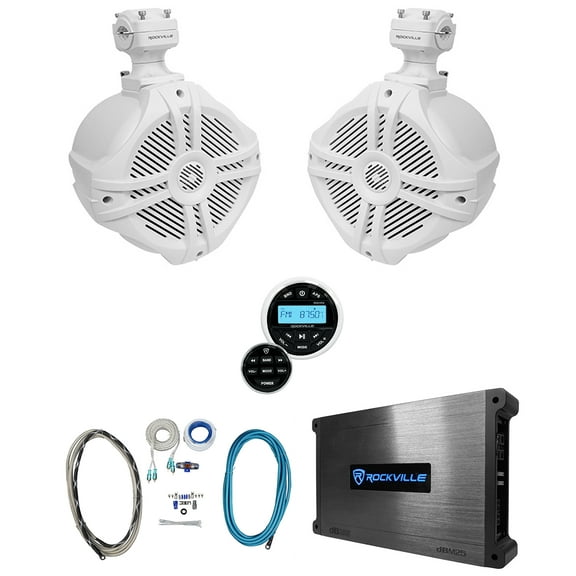 (2) Rockville RWB70W White 6.5" Marine Wakeboard Swivel Speakers Amp Receiver