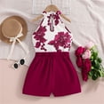 thumbnail image 4 of Lilgiuy Little Girl's 2 Piece Outfits Summer Cute Floral Print Lightweight Breathable Tie Neck Halter Top and Solid Color Shorts Set Streetwear (Wine,3-4 Years), 4 of 5