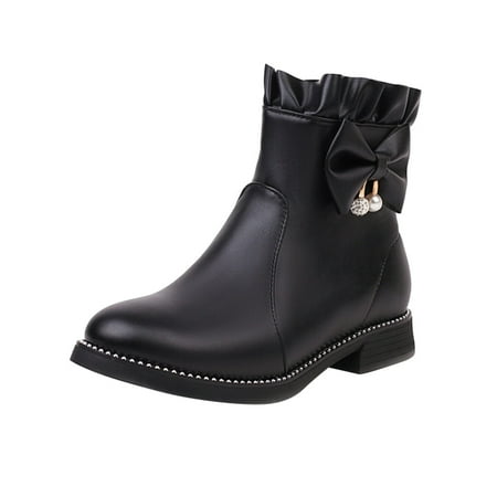

GNEIKDEING Ladies Cute Bow Solid Color Flat Round Toe Square Heel Short Student Style Boots Gift on Clearance