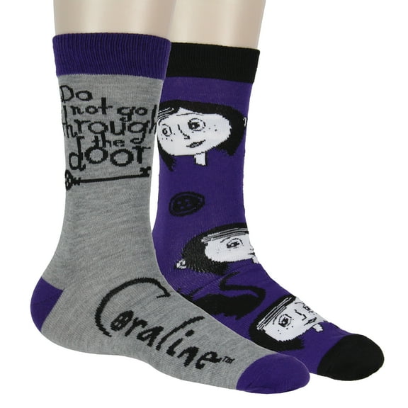 Coraline Movie 2-Pack Casual Novelty Button Cat and Quotes Character Knit Men's Crew Socks Fits Men's Shoe Size 8-12