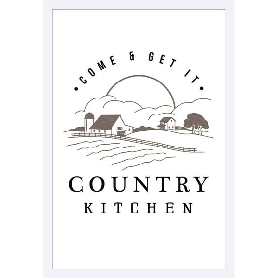 Country Kitchen - Farm on White - Lantern Press Artwork (24x36 Giclee Art Print, Gallery Framed, White Wood)