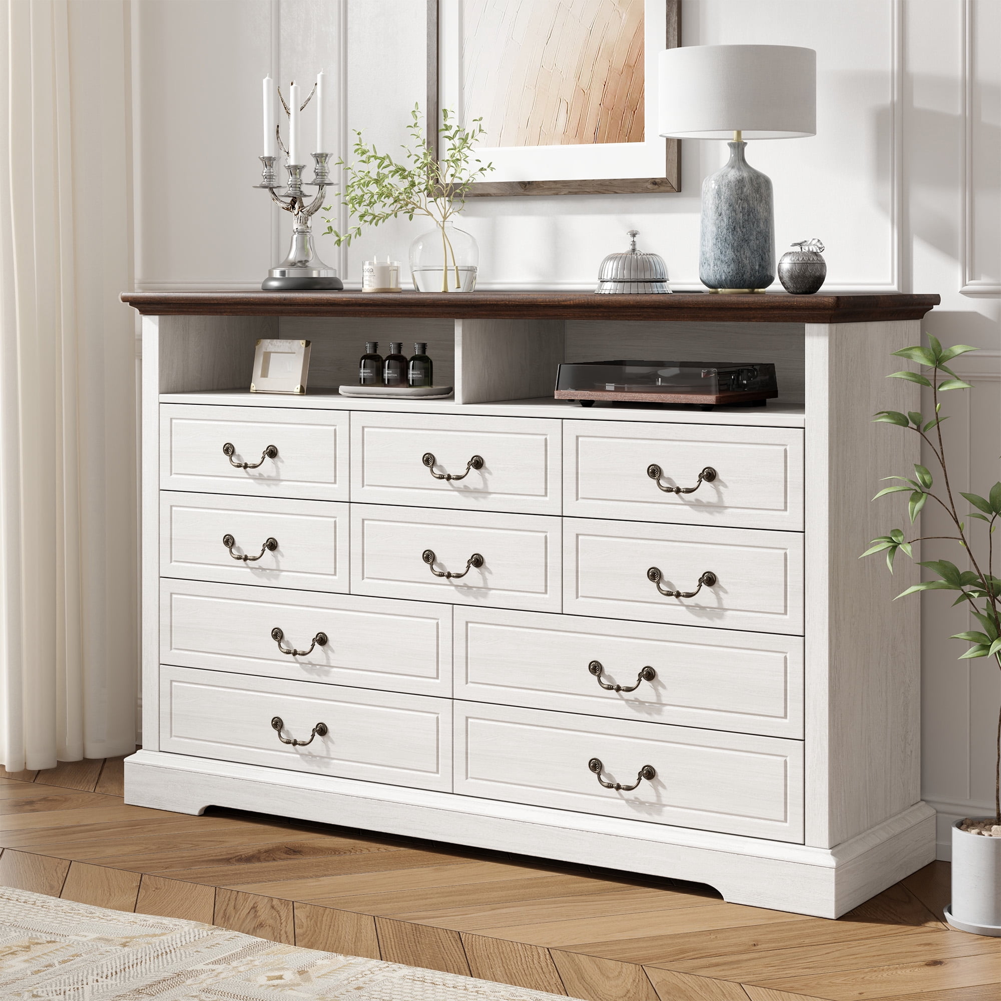 EnHomee Wood 10 Drawers Dresser with LED Lights&Charging Station Wood Dressers for Bedroom,White
