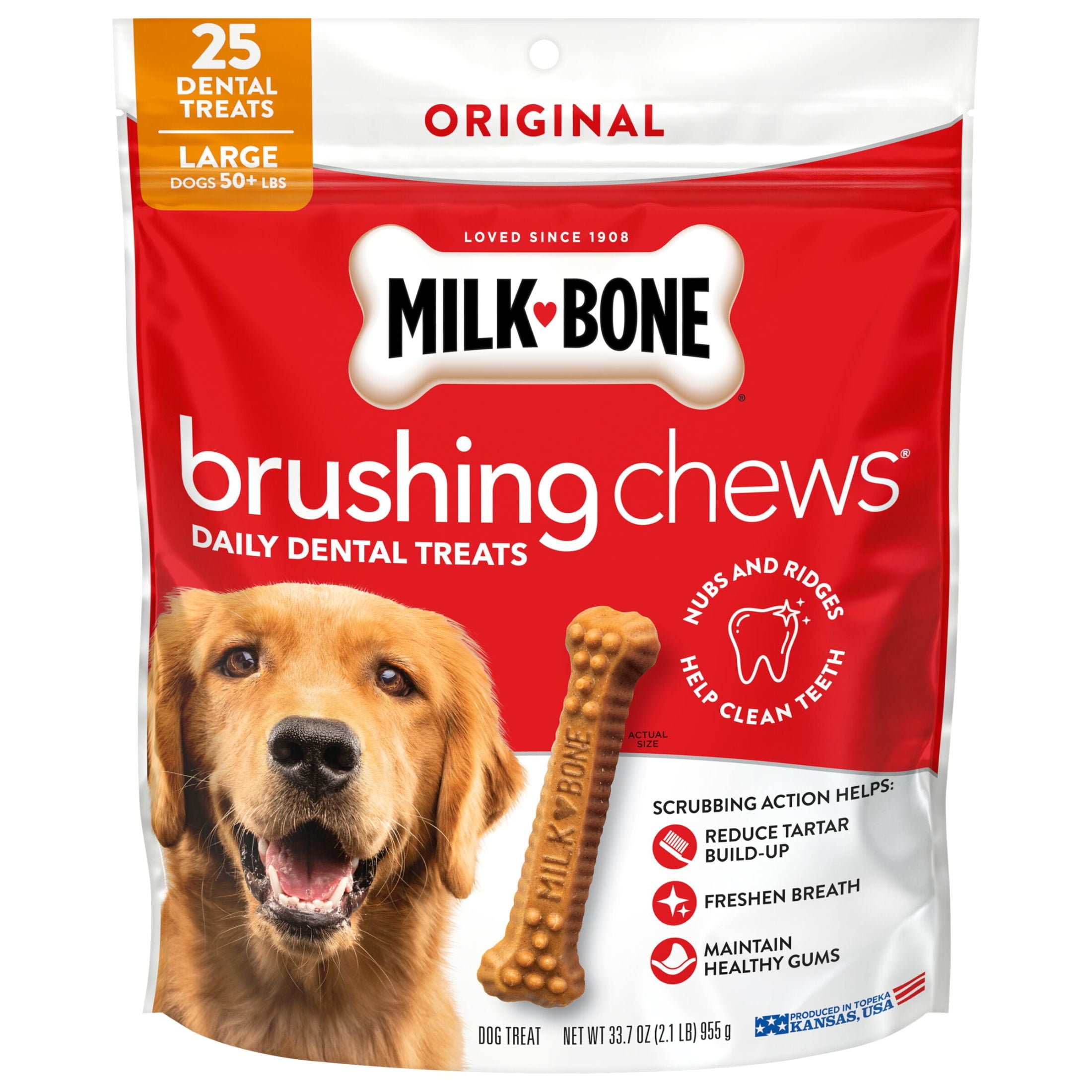 (4 pack) Milk Bone Brushing Chews Original Chicken Flavor Daily Dental Dog Treats, Large, 33.7 oz Bag