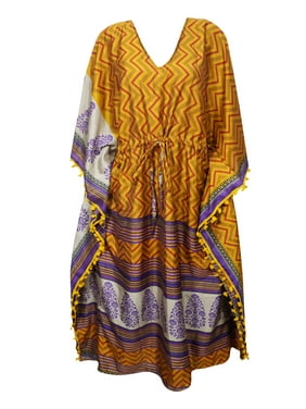 Bohemian Women's Maxi Long Caftan Printed Pom Pom Tassel V Neck Silk Cover Up Wedding Kaftan Dress 4X