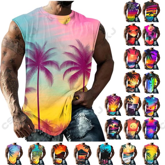 WAENQINLA Tank Tops Men Sleeveless Workout Tank Summer Beach Muscle Top Casual Crew Neck Hawaii Shirts Pink S