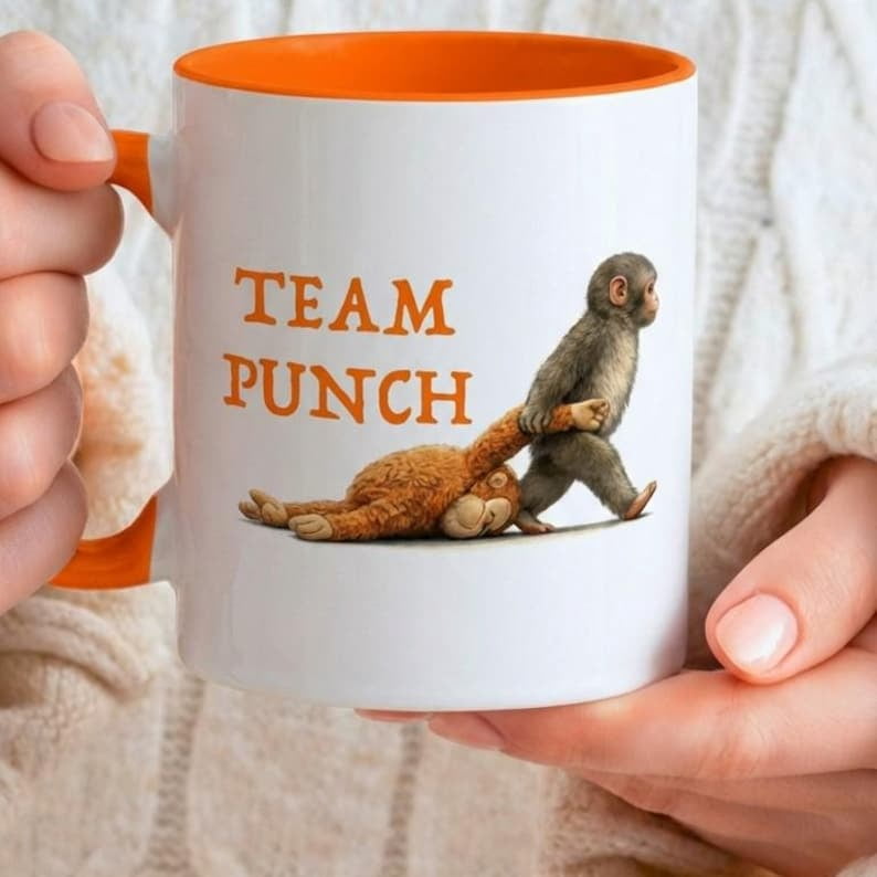 Team Punch Monkey Mug, Viral Baby Macaque Coffee Cup, Emotional Support Orangutan Gift, Cute Animal Meme Merch for Introvert Friend 11oz