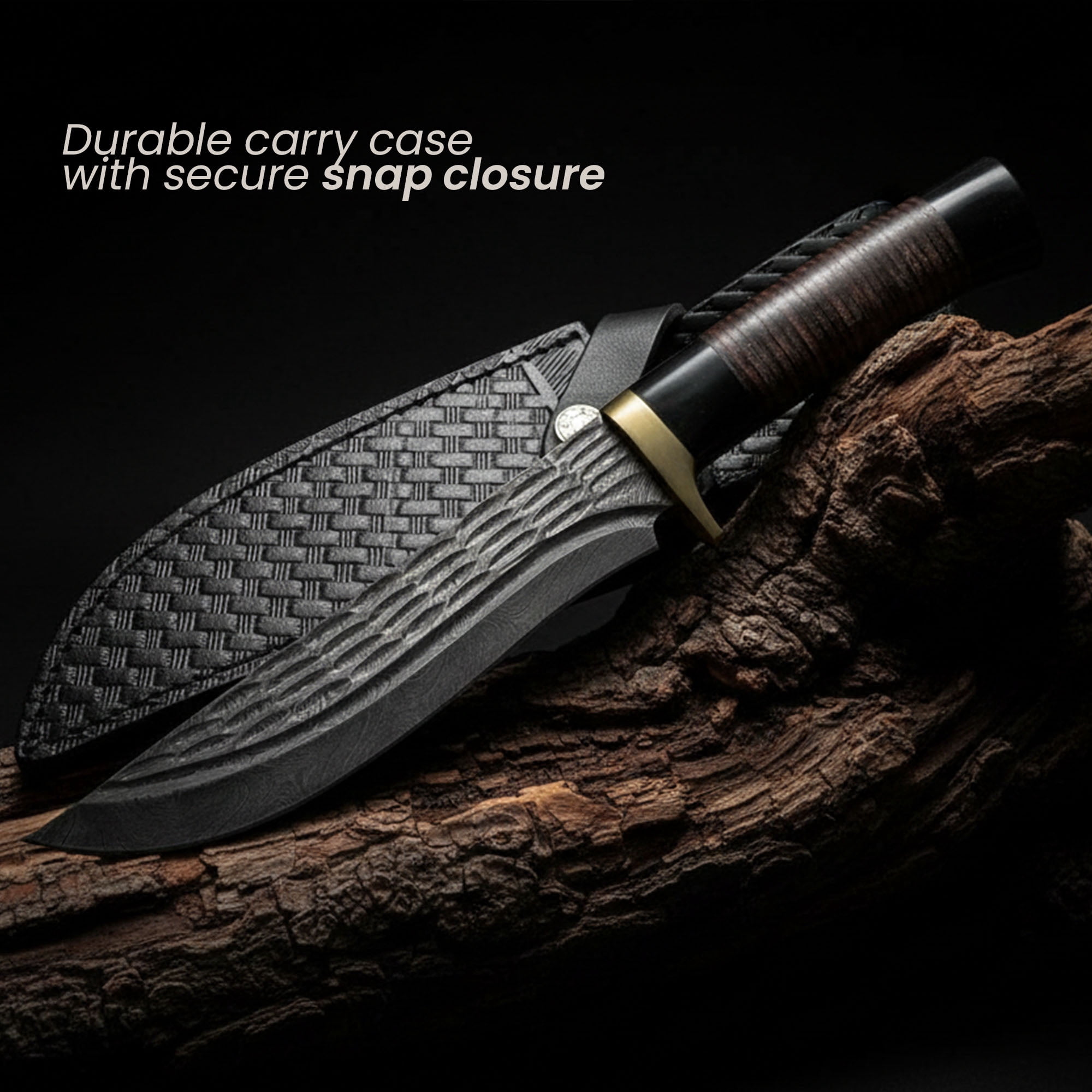 SANZ 12 Inch Wave Fixed Blade Hunting Knife Decorative Grooved Blade Brass Guard Horn and Leather Handle with Sheath Outdoor Utility Knife