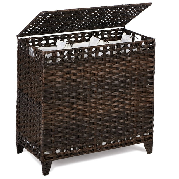 Cesto para la ropa sucia con 3 bolsas con forro extraíbles; Cesto para la ropa sucia de ratán tejido a mano de 132 L con tapa y patas elevadas; Cesto para ropa con asas laterales; Clasificador de ropa