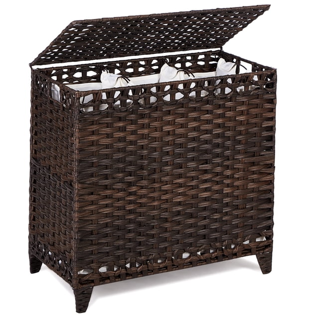 Cesto para la ropa sucia con 3 bolsas con forro extraíbles; Cesto para la ropa sucia de ratán tejido a mano de 132 L con tapa y patas elevadas; Cesto para ropa con asas laterales; Clasificador de ropa