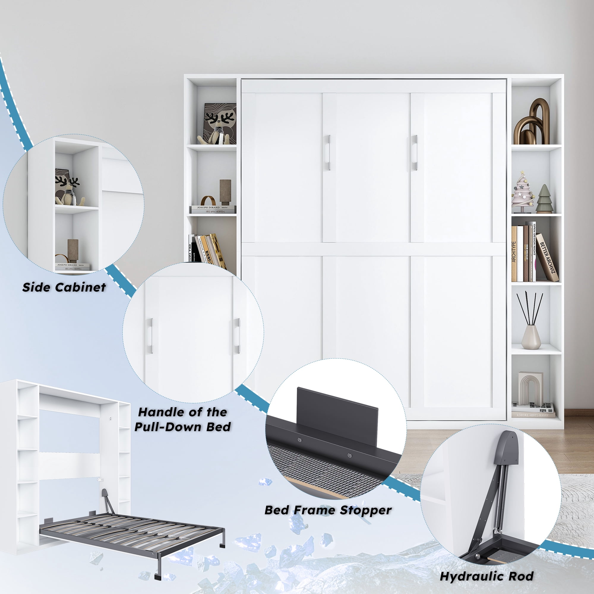 Mintazer Queen Size Murphy Bed with Storage Shelves, Hidden Foldable Wall Bed Frame with Wall Cabinet for Bedroom Guest Room, White