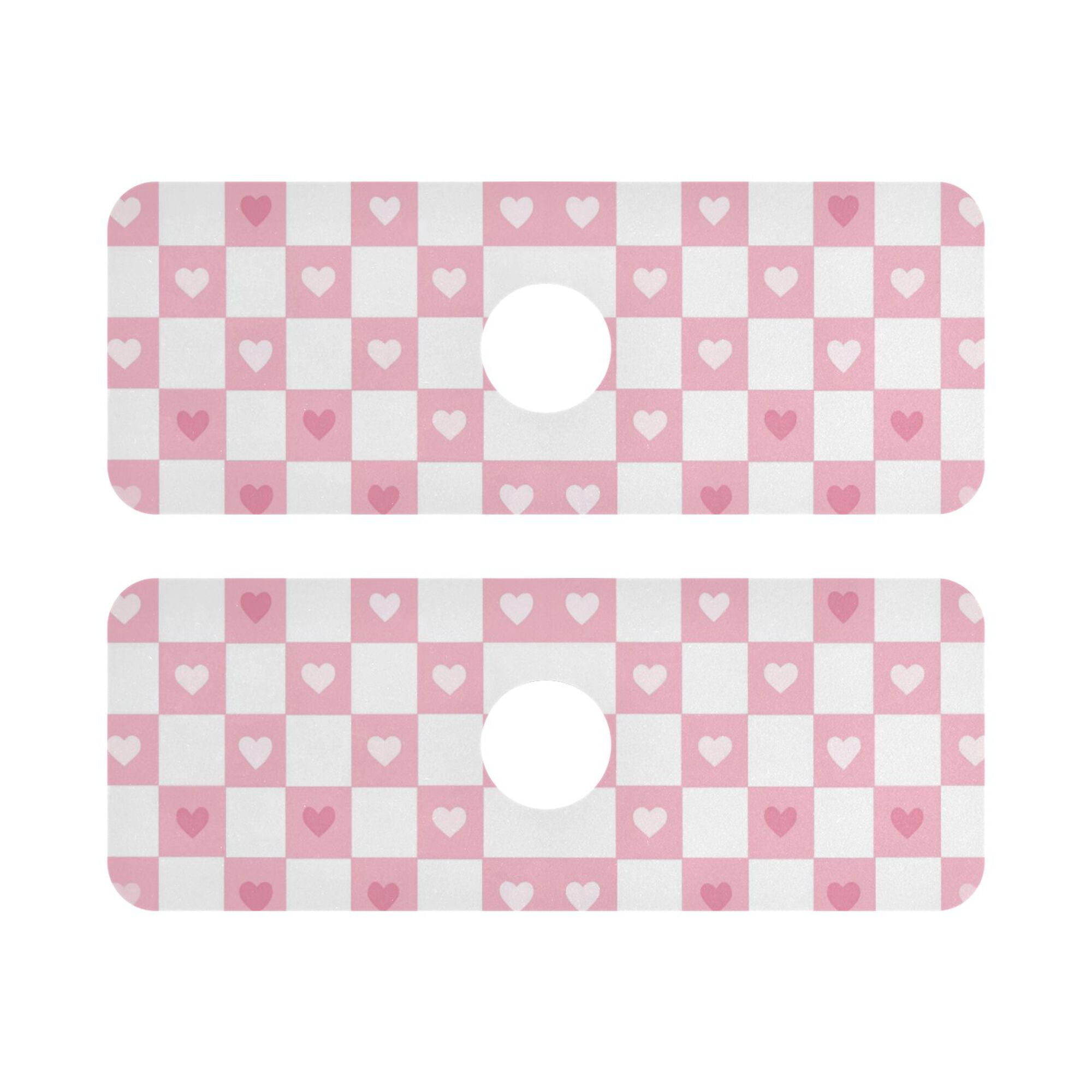 Yayeee Faucet Mat for Kitchen Sink 14.7" Diatomite Long Splash Guard Pad, Pink Checkered Heart, 2 Pack