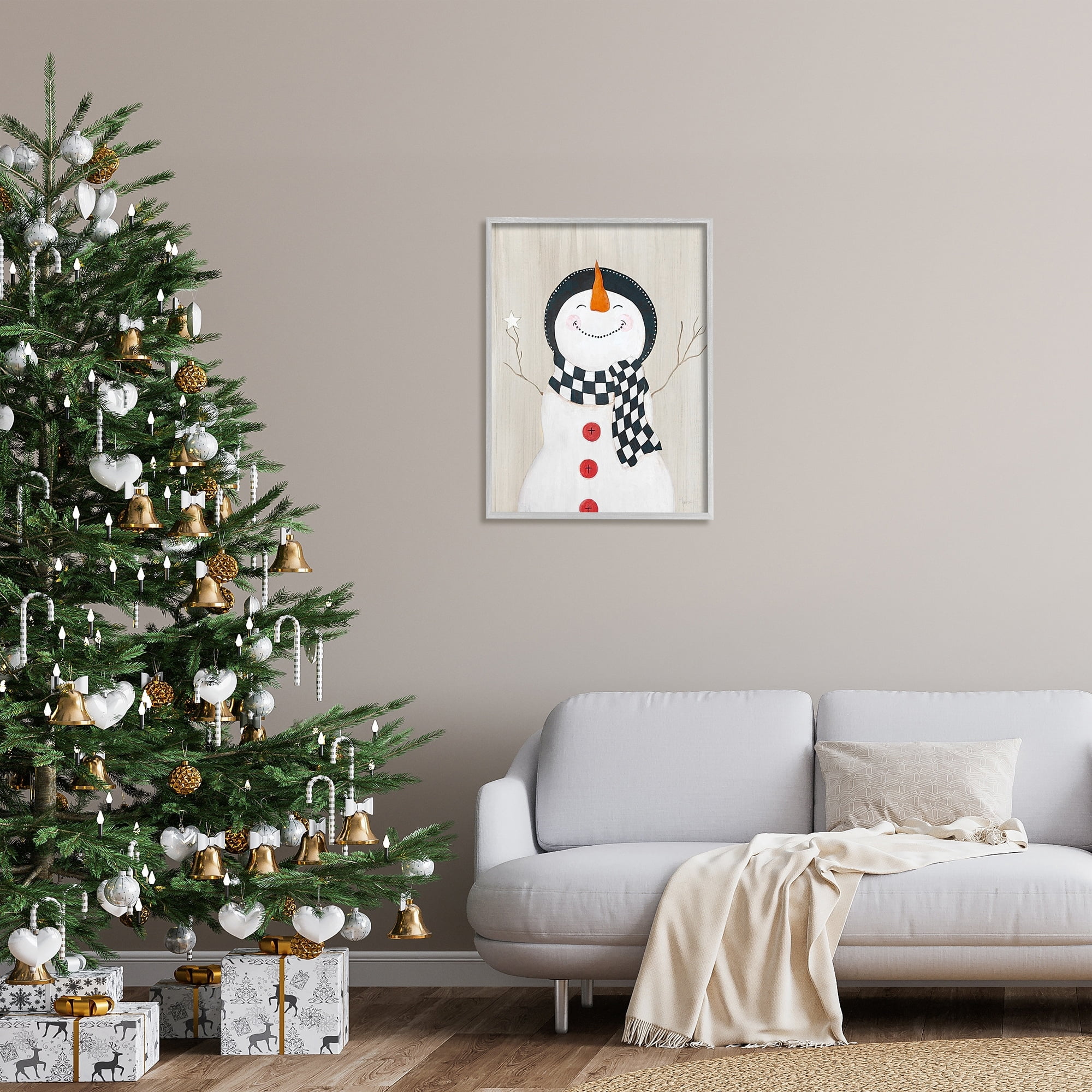 Stupell Industries Happy Smile Winter Snowman Holiday Painting Gray Framed Art Print Wall Art