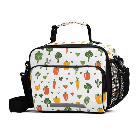 FORMRS Student Insulated Lunch Bag with Shoulder Strap Reusable Cooler Box for School, Green Cute Vegetables