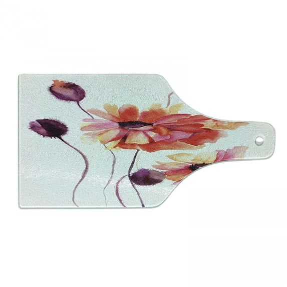 Floral Cutting Board, Watercolor Painting Poppy Flowers and Buds Spring Nature Design, Decorative Tempered Glass Cutting and Serving Board, Wine Bottle Shape, Peach Scarlet Purple, by Ambesonne
