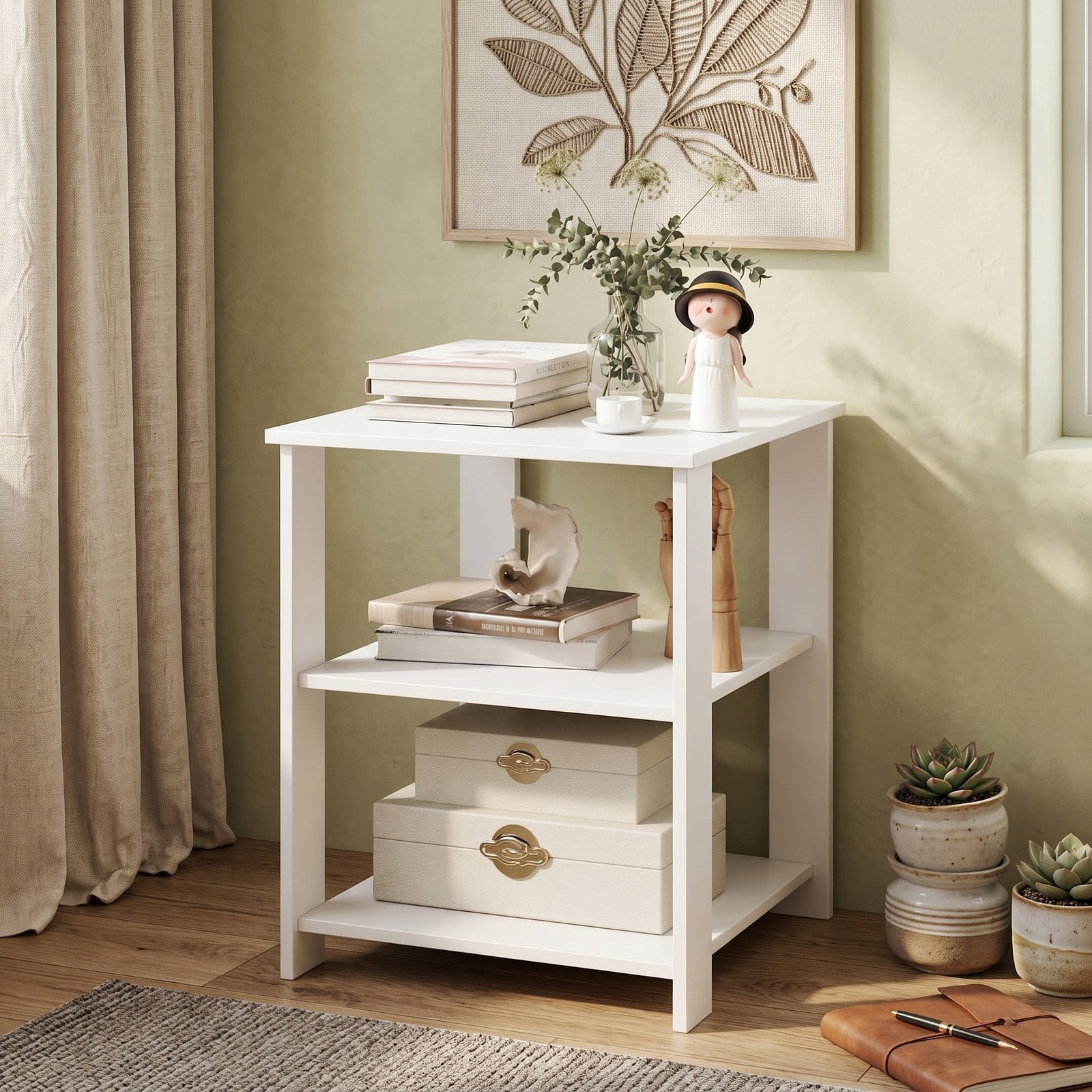 Furnibear 3-Tier Nightstand Square Side Table with Open Storage Shelves, Modern Bedside End Table Sofa Side Table for Bedroom Living Room Small Spaces, White