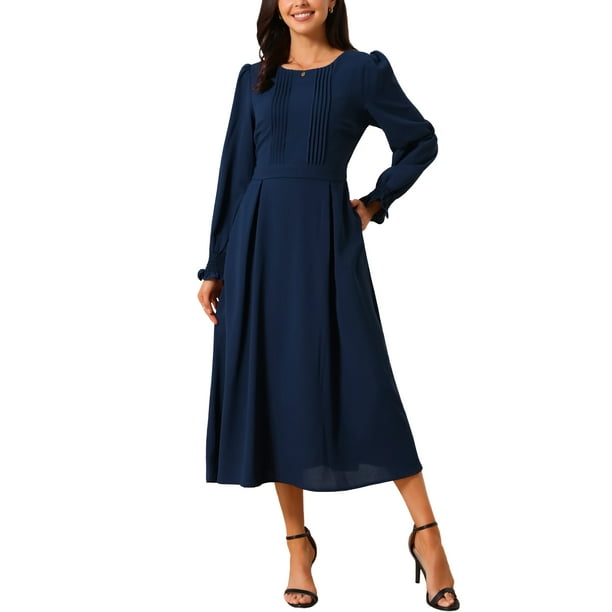Vestido midi A-line con cuello redondo, mangas largas y volantes para mujer INSPIRE CHIC con bolsillos en azul oscuro M