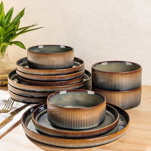 Ceramic Dinnerware Set for 4 12-Piece Porcelain Plates and Bowls Scratch Resistant Oven Microwave and Dishwasher Safe Coca Mocha