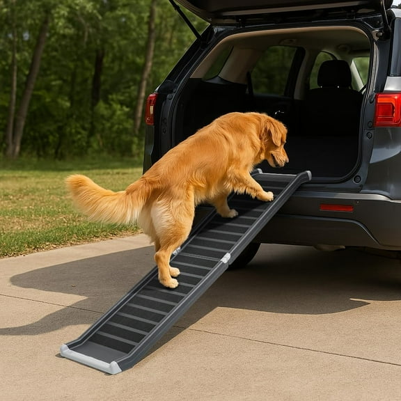 SLSRFD Folding Dog Ramp for Large Dogs, 63" L Portable Pet Ramp for Cars & Trucks, Non Slip, Metal Frame, Raised Siderails, Easy to Store & Carry, Outdoor Pet Ramps, Supports Up to 250 lbs
