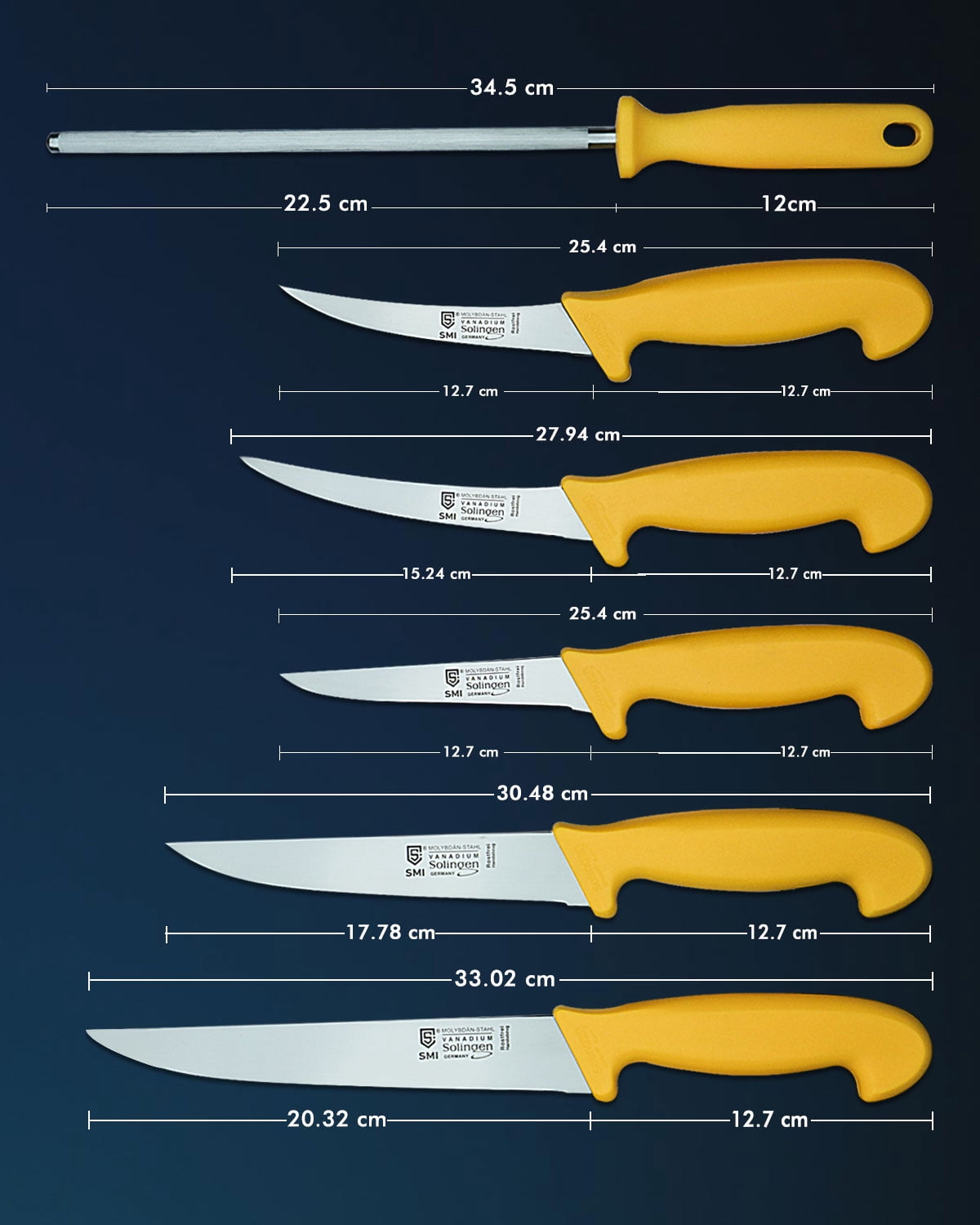 SMI 8 in Professional Solingen Germany Steel Chef Knives Set, 6 Piece