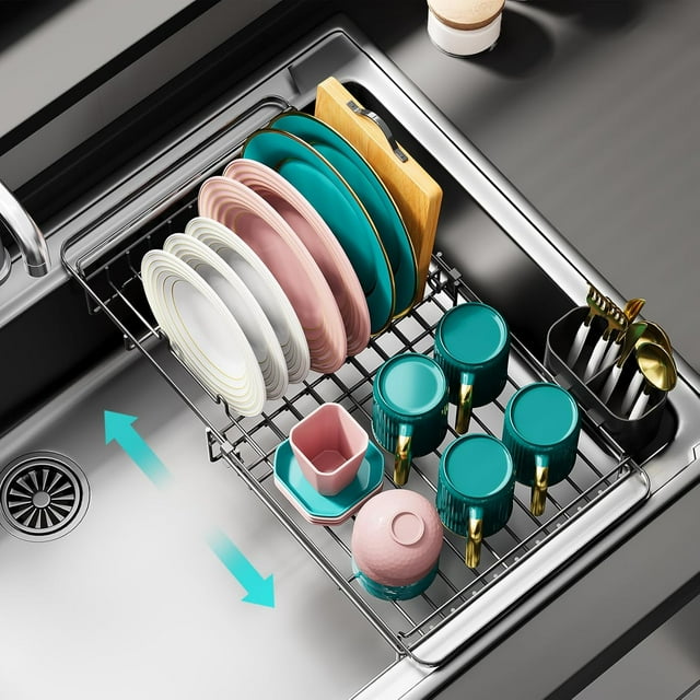 Urackify Expandable Dish Drying Rack Over The Sink, Adjustable Dish Rack in Sink, Rustproof Dish Drainer for Kitchen Counter, Dish Strainer with Utensil Holder
