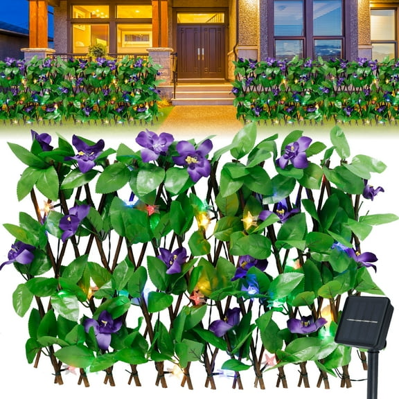 MTFun Expandable Fence with Solar Light String Stretchable Foliage Privacy Fence Faux Ivy Fence Panel Backdrop Artificial Hedges Fence Screen Leaf Decor for Garden Balcony Patio Backyard