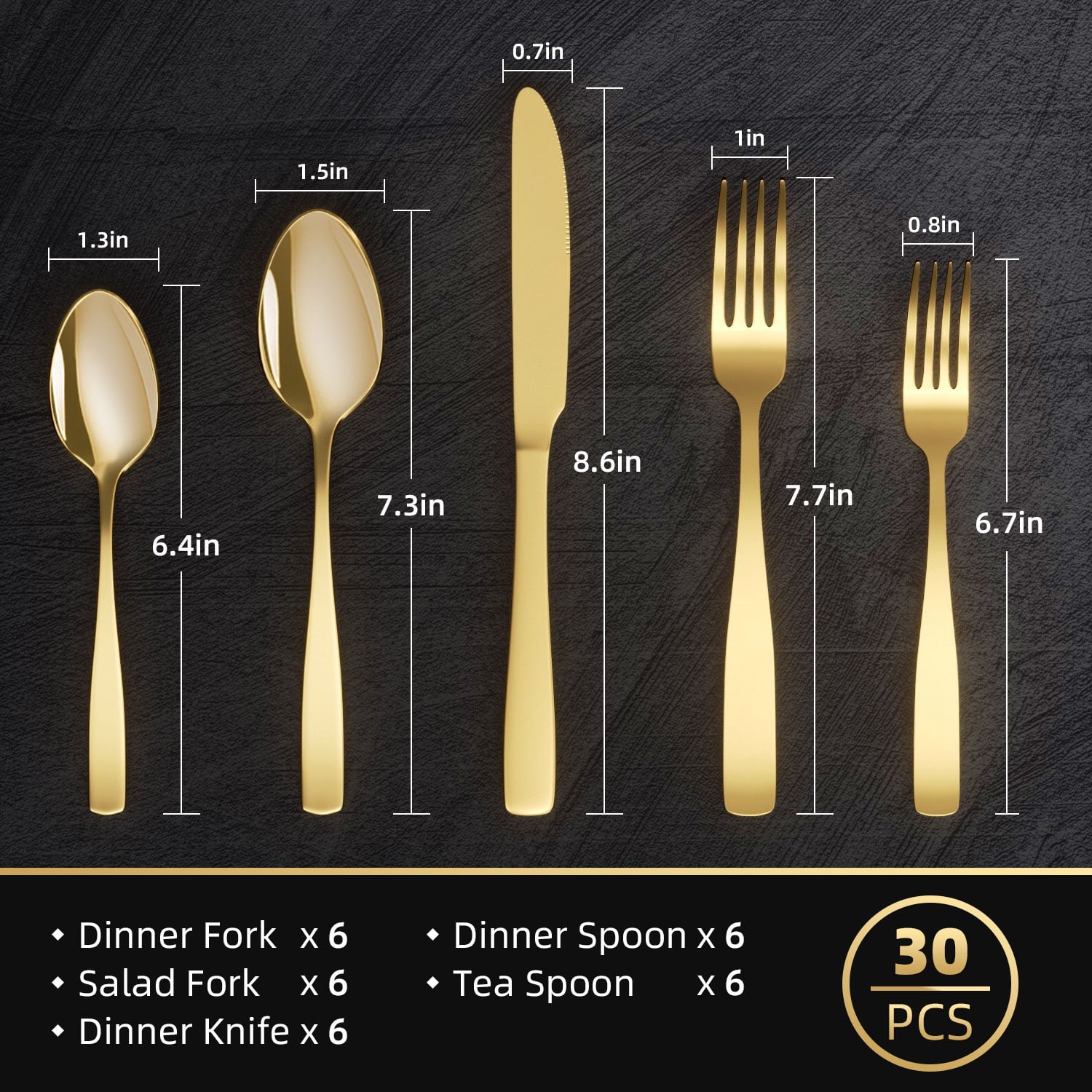 TINANA Silverware Sets, 30 PCS Flatware Set for 6, Premium Stainless Steel Cutlery Utensil Set Mirror Polished Forks and Spoons, Dishwasher Safe, Gold