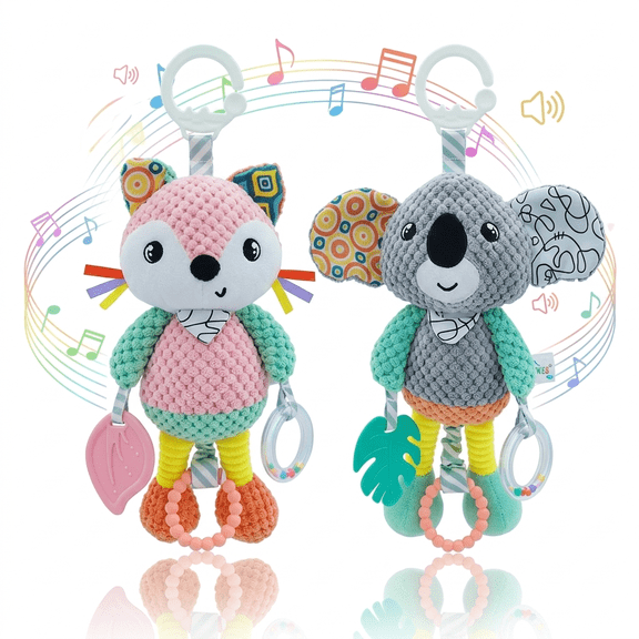 Baby Hanging Stroller Toys Set, Plush Infant Sensory Toys with Pull String Music & Teether, Crib Car Seat Activity Toys for Newborns 0-12 Months (Fox & Koala, 2 Pack)