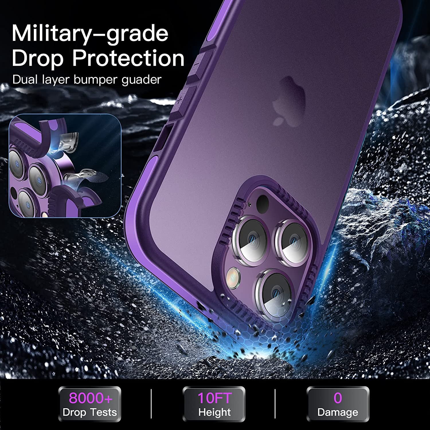 Casus Frosted Matte Silicone Frame Shockproof Case for Apple iPhone 14 Pro Max - Purple