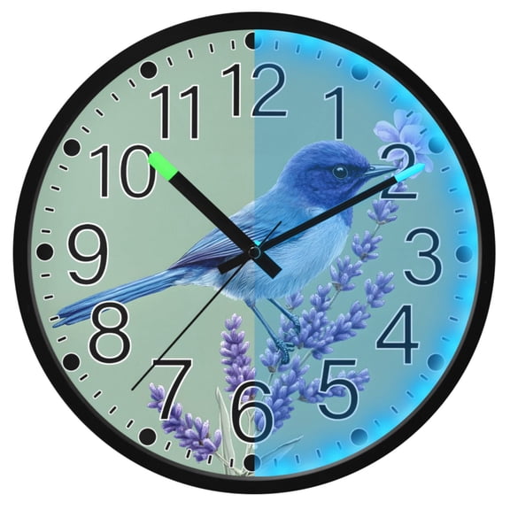Ryvnso Bird Lavender Flower 12 Inch Night Light Wall Clock Silent Battery Operated Luminous Clocks