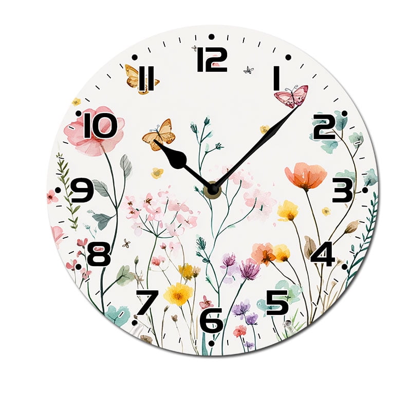 ZXCXRQFa Desk Clocks Wildflower Butterfly Spring Floral Silent Wall Clock for Bathroom Indoor Decoration No Ticking 10 Inch Round Small Clock for Hospital Classroom Home Living Room