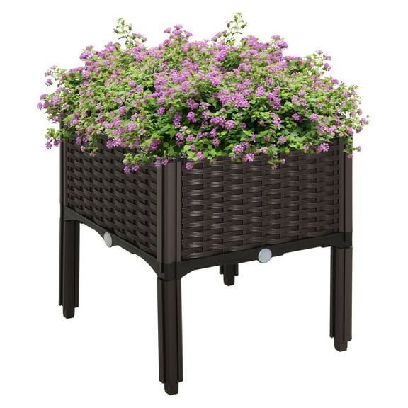 COCOKUN Raised Garden Bed 15x15, Self-Watering Plastic Planter Box Brown, Elevated Flower Vegetable Herb Grow Kit for Easy Outdoor Gardening on Patio Balcony