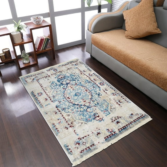 Rugsotic Carpets Machine Woven Crossweave Area Rugs - 1'8''X2'10'', Rectangle,Ivory Blue,Classic Oriental Traditional , Low Pile Machine Made Area Rugs For Living Room, Bed Room (M00063)