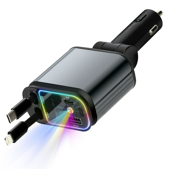 Kivdit 4 in 1 Retractable Car Charger,66W Fast Car Charger Adapter with Lights,Car Phone Charger with USB C/A Ports and 2 Retractable Cables,Compatible with iPhone and Android