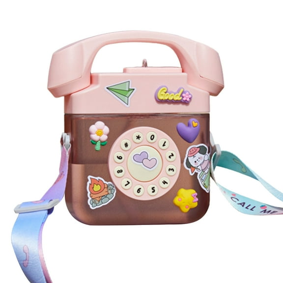COMEET Waters Bottle, 400ML Telephone Shape Water Bottle Water Bottle Girls Straw Bottle with Sticker Strap Children Outdoor Kettle