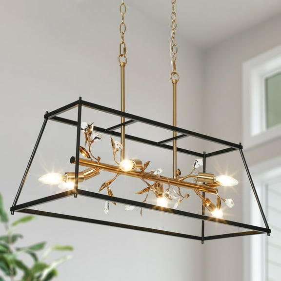 LNC 6-Light Matte Black & Polished Gold Modern Rectangle Pendant Light for Kitchen Island