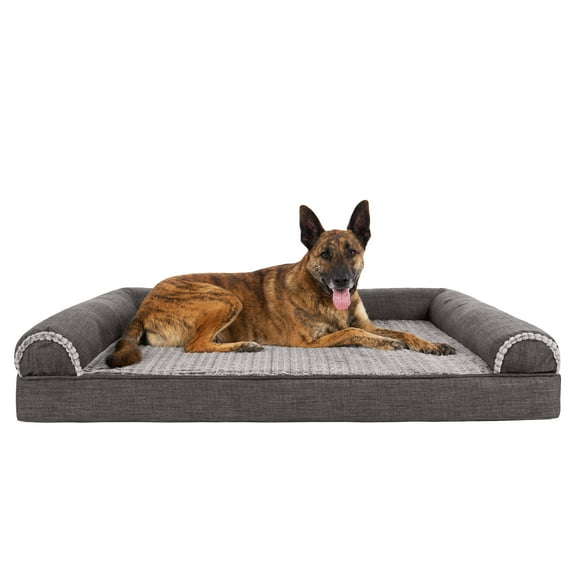 FurHaven Pet Products Luxe Fur & Performance Linen Orthopedic Sofa Pet Bed for Dogs & Cats - Charcoal, Jumbo Plus