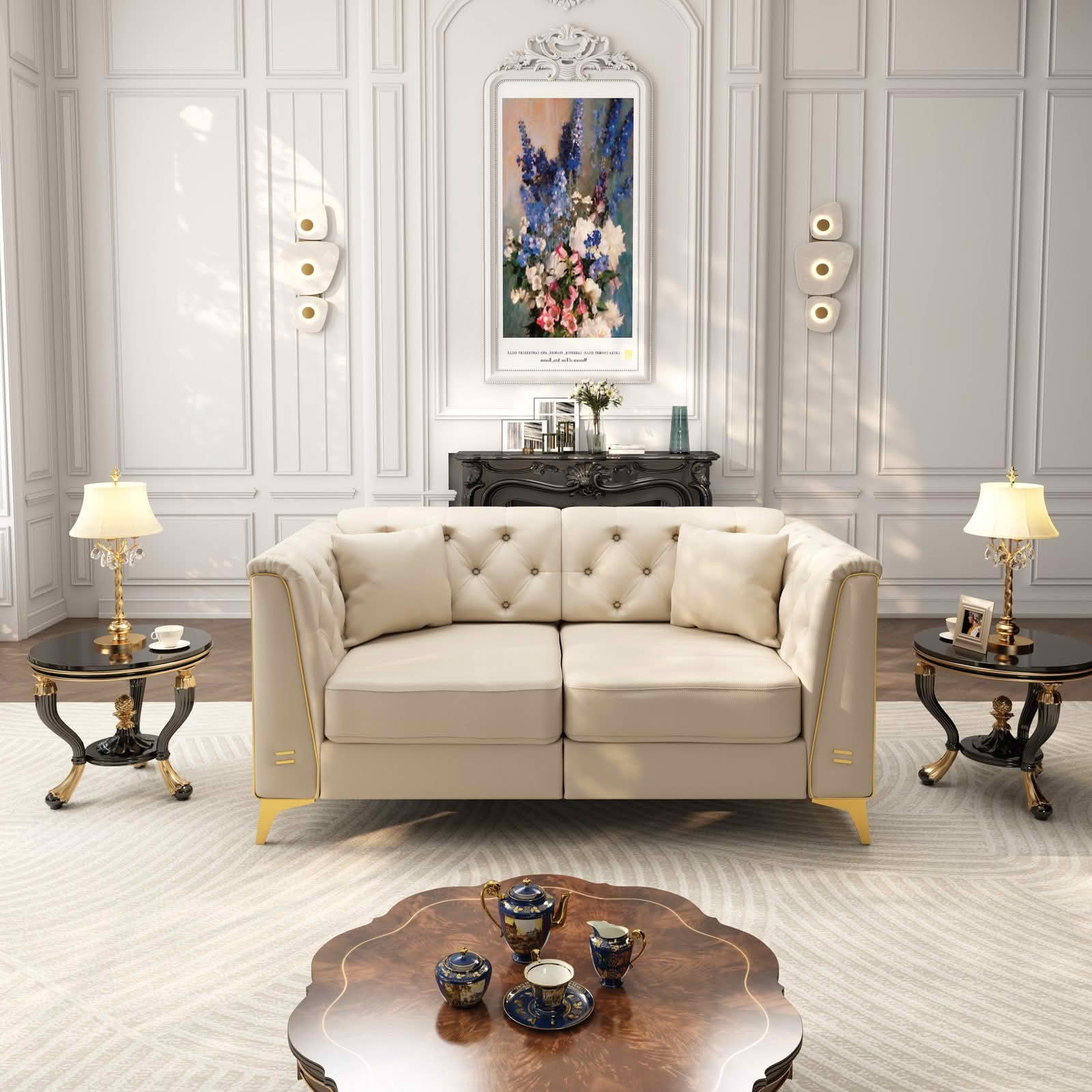 MAYEERTY 61.8" Light Luxury Modular Chesterfield 2‑Seater Sofa, Faux‑Leather Loveseat with Button Tufting, Metal‑Trim Armrest & Thin Metal Legs, 2 Pillows Included