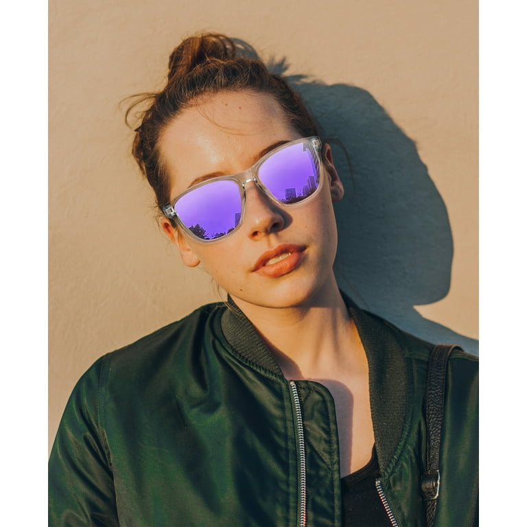 Joopin Polarized Sports Sunglasses for Men Women Classic Transparent Frame  UV400 Mirrored Lens (Clear Mirrored Purple) 