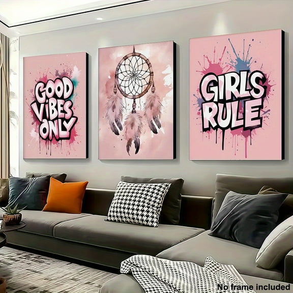 [2D Flat] 3pcs, 2d Frameless Canvas Art, Decorative Art, Teenage Girl Bedroom Wall Art Decoration, Teenage Self-created Pink Watercolor Wall Art, Cool Girl Quote Picture Poster