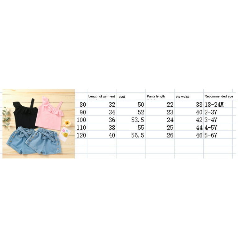 2PCS Toddler Baby Girl Denim Clothes Set One Shoulder Strap Ruffle Lace Tops  Button Jeans Shorts with Belt Summer Outfits 