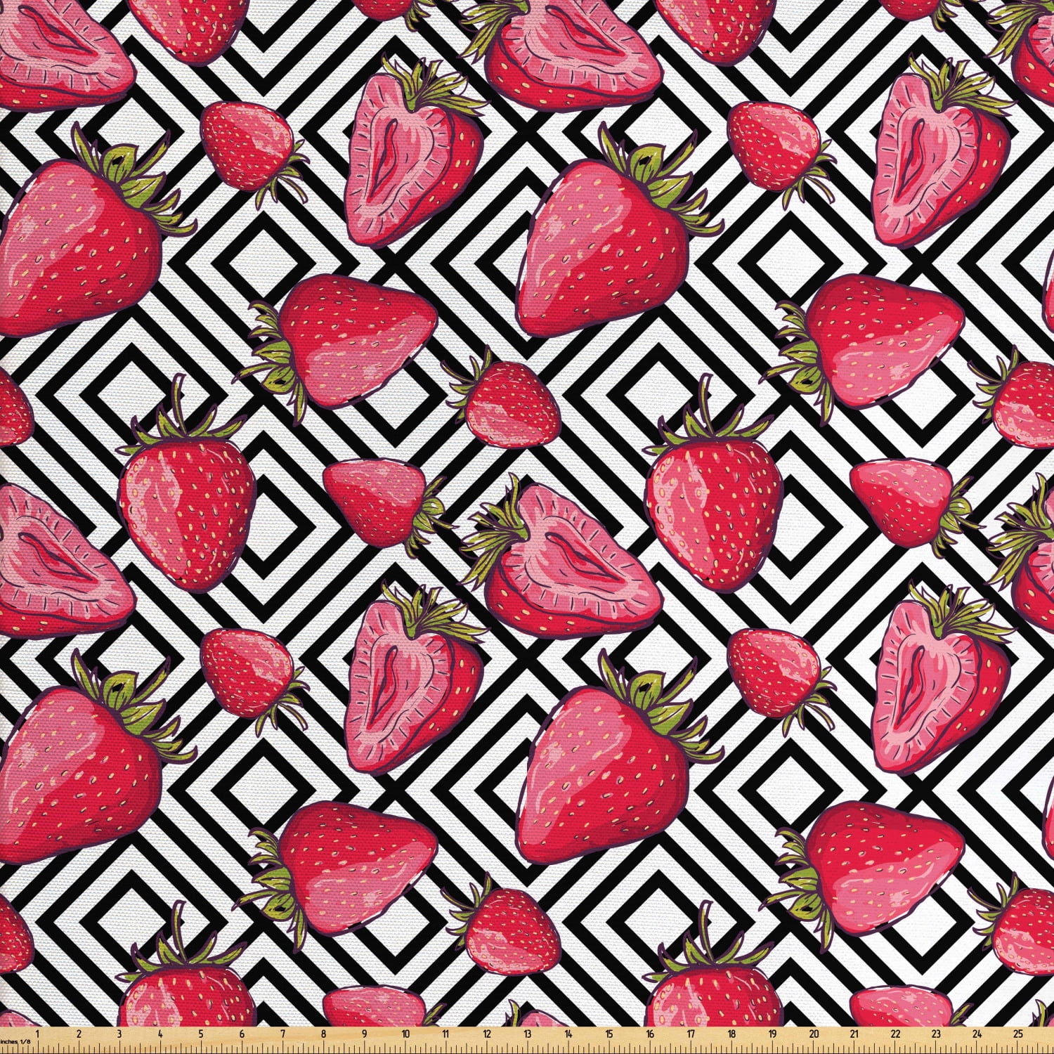 Fruits Fabric by The Yard, Strawberries on Minimalist Chevron Striped
