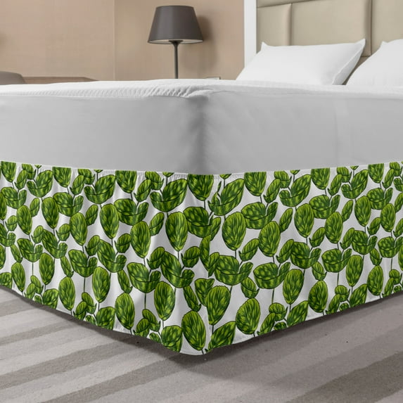 Leaves Bed Skirt, Forest Exotic Composition of Tropical Plants Warm Season Design, Elastic Bedskirt Dust Ruffle Wrap Around for Bedding Decor, 4 Sizes, Green Dark Green, by Ambesonne