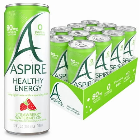 ASPIRE® Strawberry Watermelon, Healthy Energy Drink 80mg Natural Caffeine, Zero Sugar No Carbs Keto Friendly, 12 Pack Green Tea Sugar Free Drink Low Caffeine Zero Calorie
