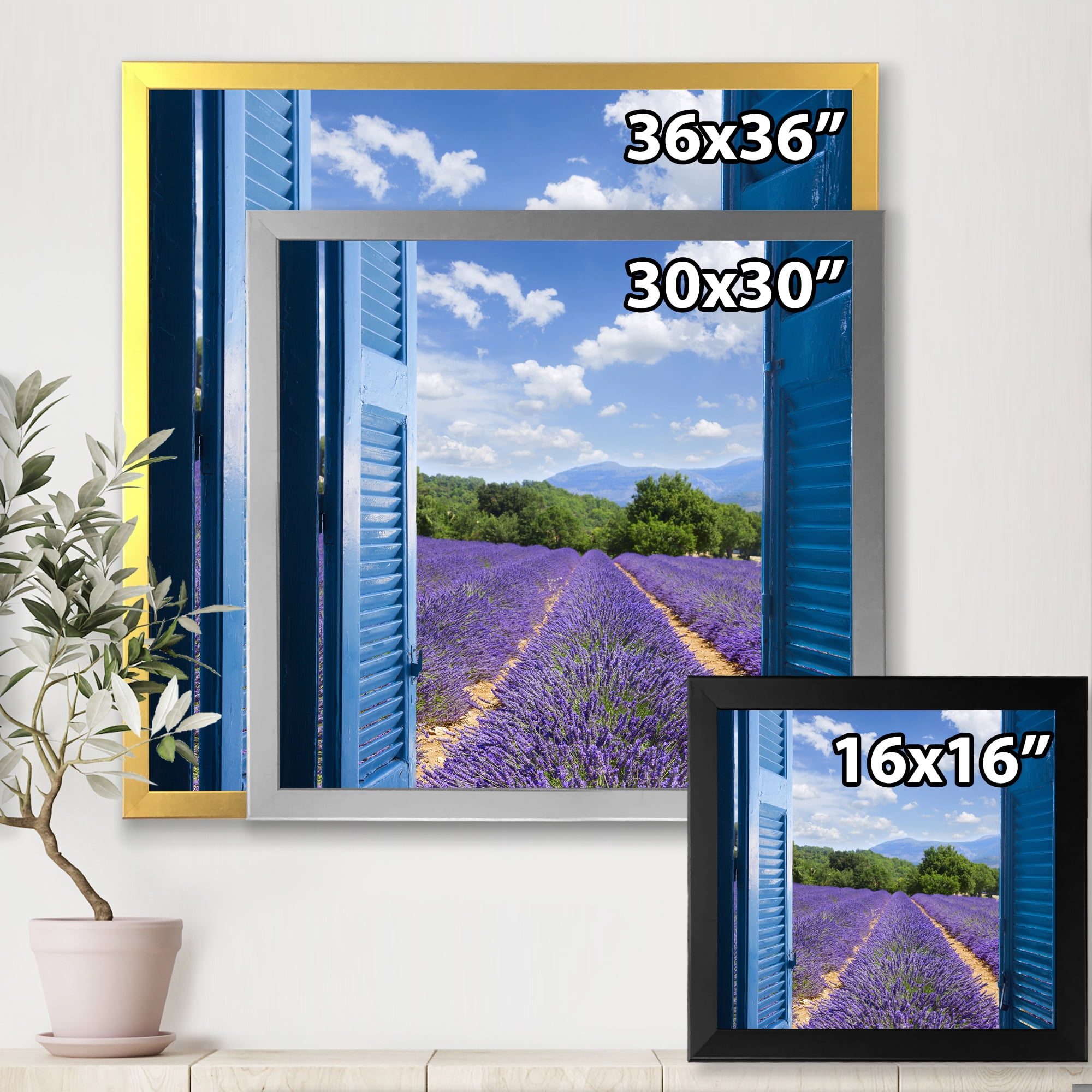 Designart 'View of Lavender Field Through Blue Open Cottage Window' Farmhouse Framed Art Print