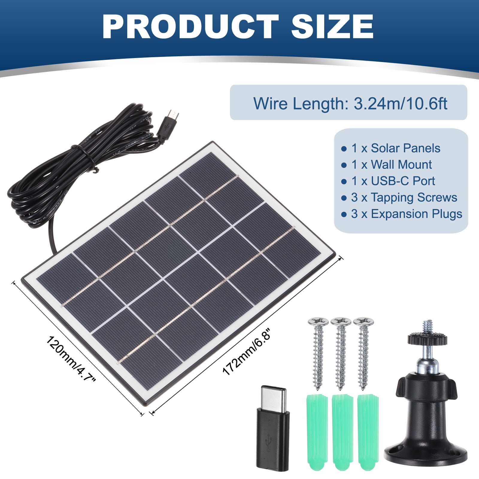 3W Solar Panels for Security Camera, 5V 0.6A USB Solar Panel Charger with Micro USB & USB-C Port, Black