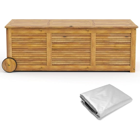 Danniu 48 Gallon Outdoor Storage Box with Wheels and Waterproof Cover, Patio Wood Deck Box with Side Handle, for Poolside, Garden, Balcony, Yard and Outside