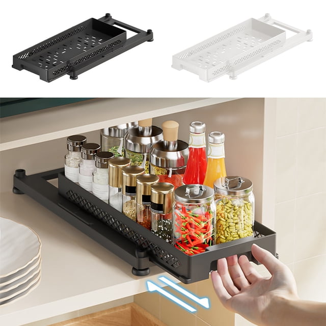 Under Sink Shelf under $5! CQCYD Under Sink Pull Out Shelf, Kitchen Storage Rack for Sink Cabinet, Multi-Functional Bathroom Organizer Shelf, Layered Spice Storage