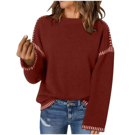 cfhntfmh Sweaters for Women Crewneck Baggy Long Sleeve Casual Pullover Solid Knitted Tops Fall Fashion Outfits for Women（Red 1,X-Large)