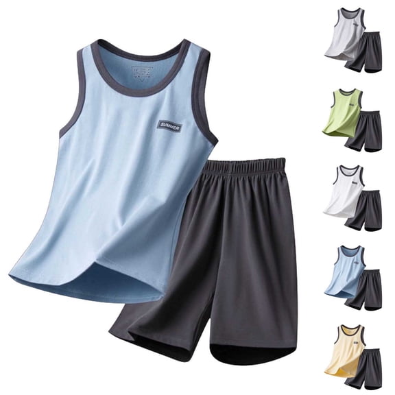 Auroural 2 Piece Sets for Boys Kids Clothes Sets for Boys Children's Summer Solid Color Version Casual Exercise Round-Neck Tank Top Sets Kids