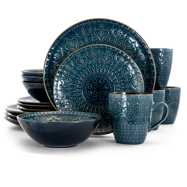 Elama Deep Sea Mozaic 16 Piece Luxurious Stoneware Dinnerware with Complete Setting for 4